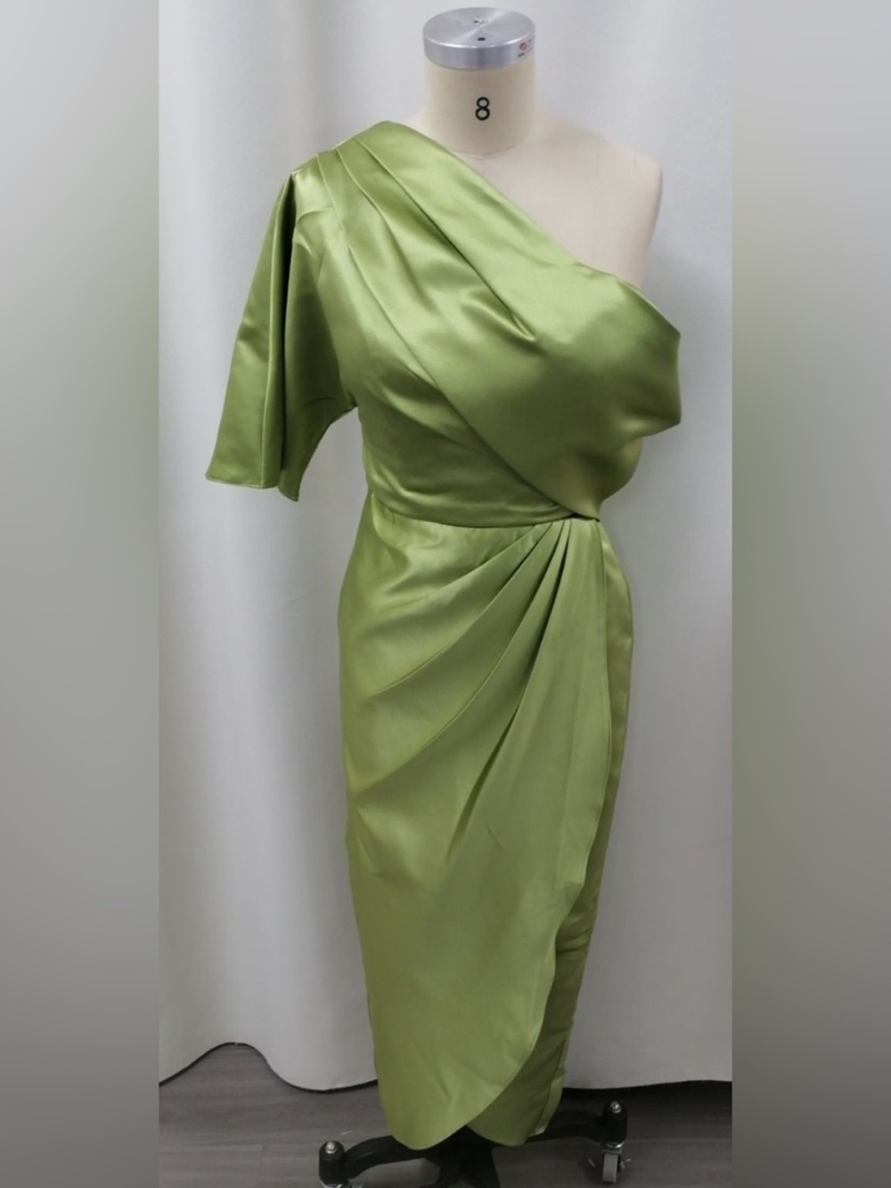 NWT One-Shoulder Olive Green Satin Draped Women's Dress